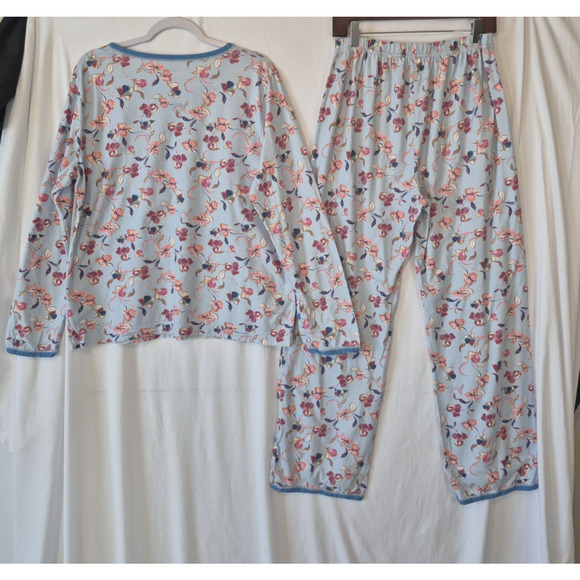 Sold! Garnet Hill Asian Wrap Blue Pink Floral Organic Cotton Pajama Set Large - Picture 10 of 13